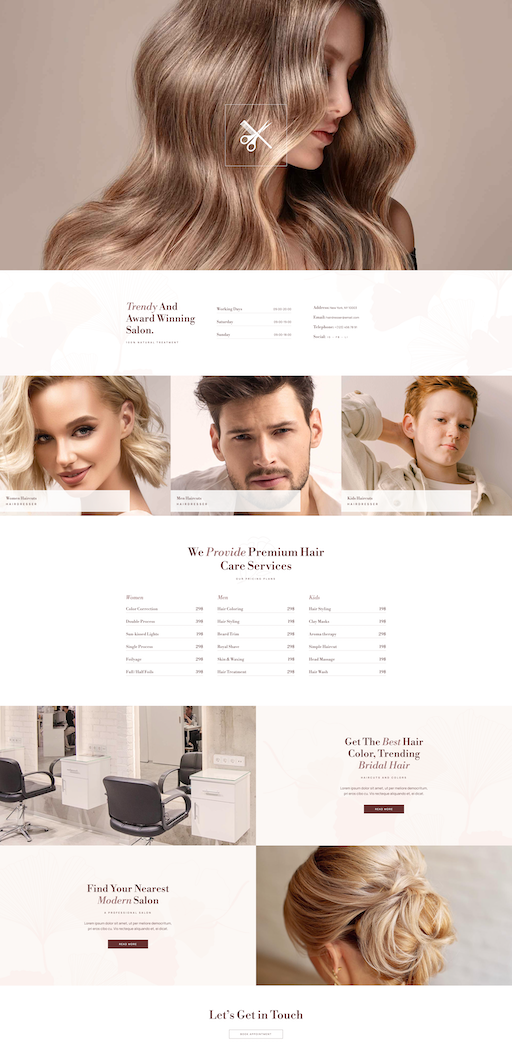 Divi template for hair salons and color specialists Divi hair salon layout with premium service pricing, modern salon interior, and bridal styling