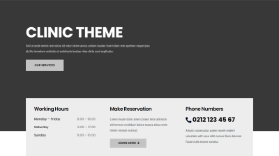 Divi Hero Section layout for clinics with working hours, CTA, and contact info