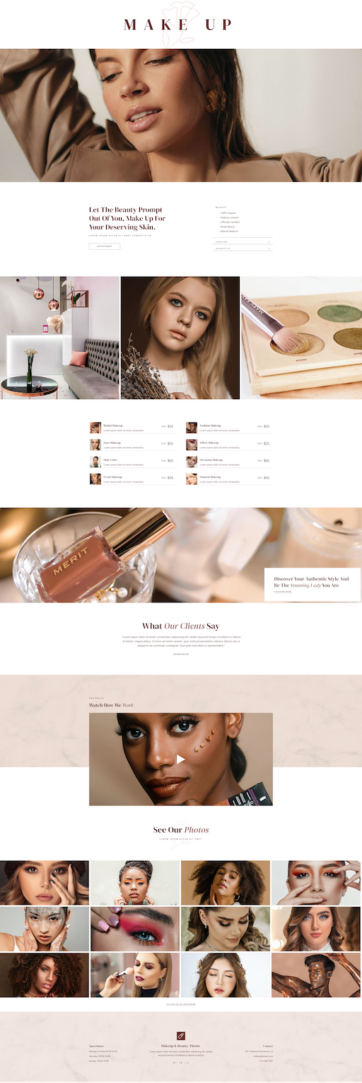Divi template for makeup studios and beauty freelancers Divi layout for makeup artist with service list, photo gallery, and luxury branding
