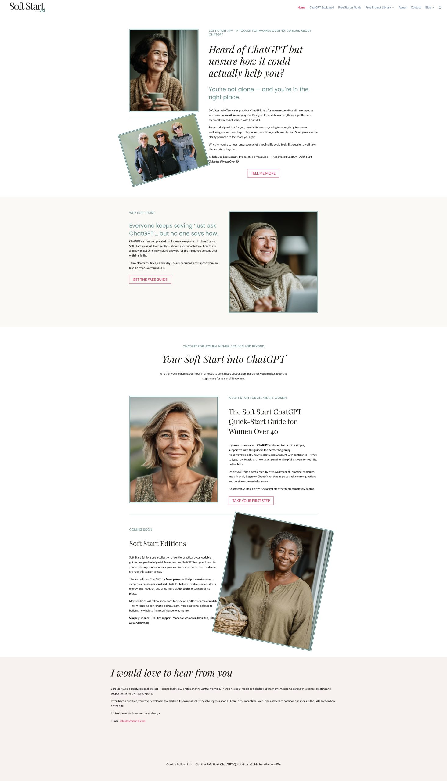 softstartai-chatgpt-voor-vrouwen-40-website Homepage van SoftStartAI, een educatieve website over ChatGPT en AI voor vrouwen 40+, gebouwd in WordPress met Divi.